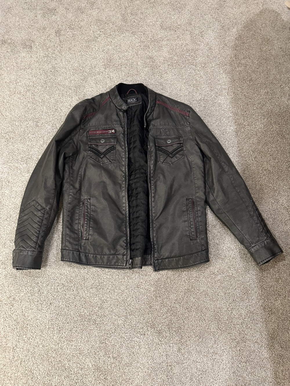 Buckle Black Faux Leather Jacket with Red Trim